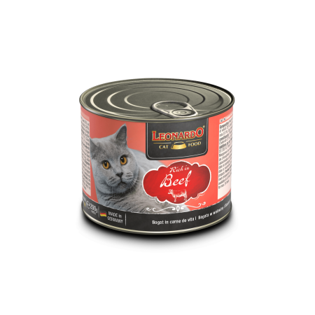 Aquapet Leonardo Beef 200g wet cat food can featuring a tabby cat and a bowl of beef-flavored pâté