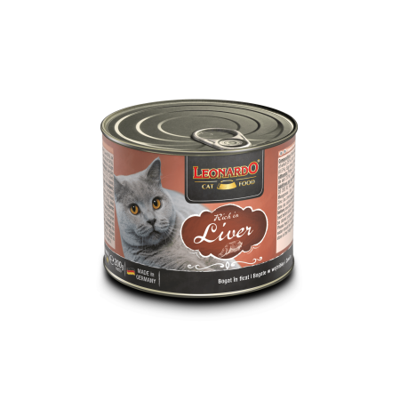 Aquapet Leonardo Rich in Liver 200g wet cat food featuring a fluffy cat and a bowl of liver-flavored pĂ¢tĂ©