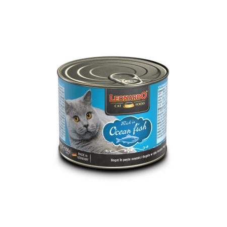 Aquapet Leonardo Ocean Fish 200g wet cat food can featuring a fluffy cat and a bowl of ocean fish-flavored pâté