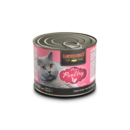 Aquapet Leonardo Pure Poultry 200g wet cat food can featuring a fluffy cat and a bowl of poultry-flavored pâté