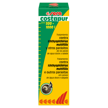 Aquapet Sera Costapur 50ml bottle featuring a green and yellow label, designed for treating Ichthyophthirius multifiliis and other skin parasites in freshwater aquariums.