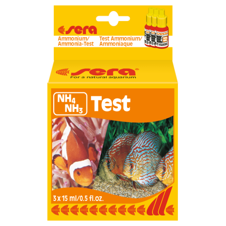 Aquapet Sera Ammonium/Ammonia Test Kit 15ml bottle featuring a color-coded chart and dropper, designed for monitoring NH₄/NH₃ levels in aquariums