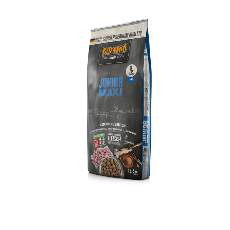Aquapet Belcando Junior Maxi 12.5kg dry dog food bag featuring a large-breed puppy and a bowl of poultry-flavored kibble, emphasizing balanced nutrition