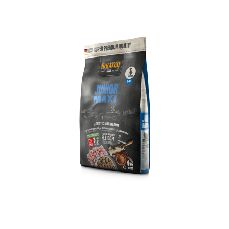 Aquapet Belcando Junior Maxi 4kg dry dog food bag featuring a large-breed puppy and a bowl of poultry-flavored kibble, emphasizing balanced nutrition