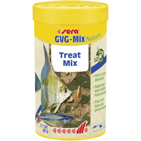 Aquapet Sera GVG-Mix Nature 250ml jar featuring a mix of flakes and whole dried food organisms like krill, bloodworms, and daphnia, designed for surface-feeding ornamental fish