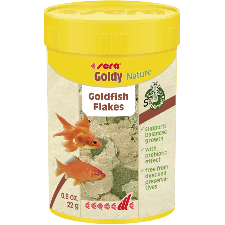 Aquapet Sera Goldy Nature 100ml goldfish flakes featuring a goldfish and a bowl of insect meal-based food, promoting healthy growth and vibrant colors