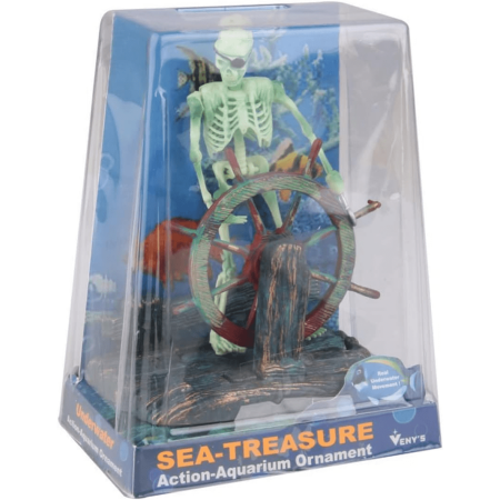 Skeleton figure on a rustic wheel, detailed aquarium decoration