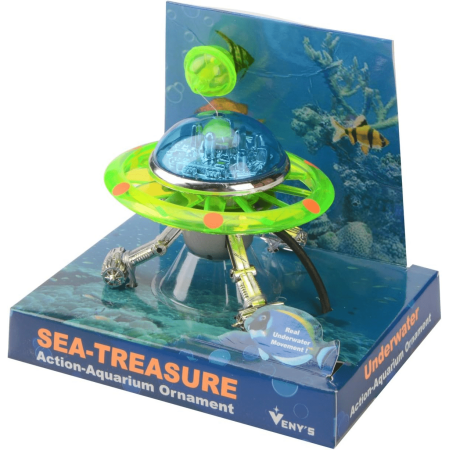 UFO-shaped aquarium decoration with interplanetary voyager design and alien details